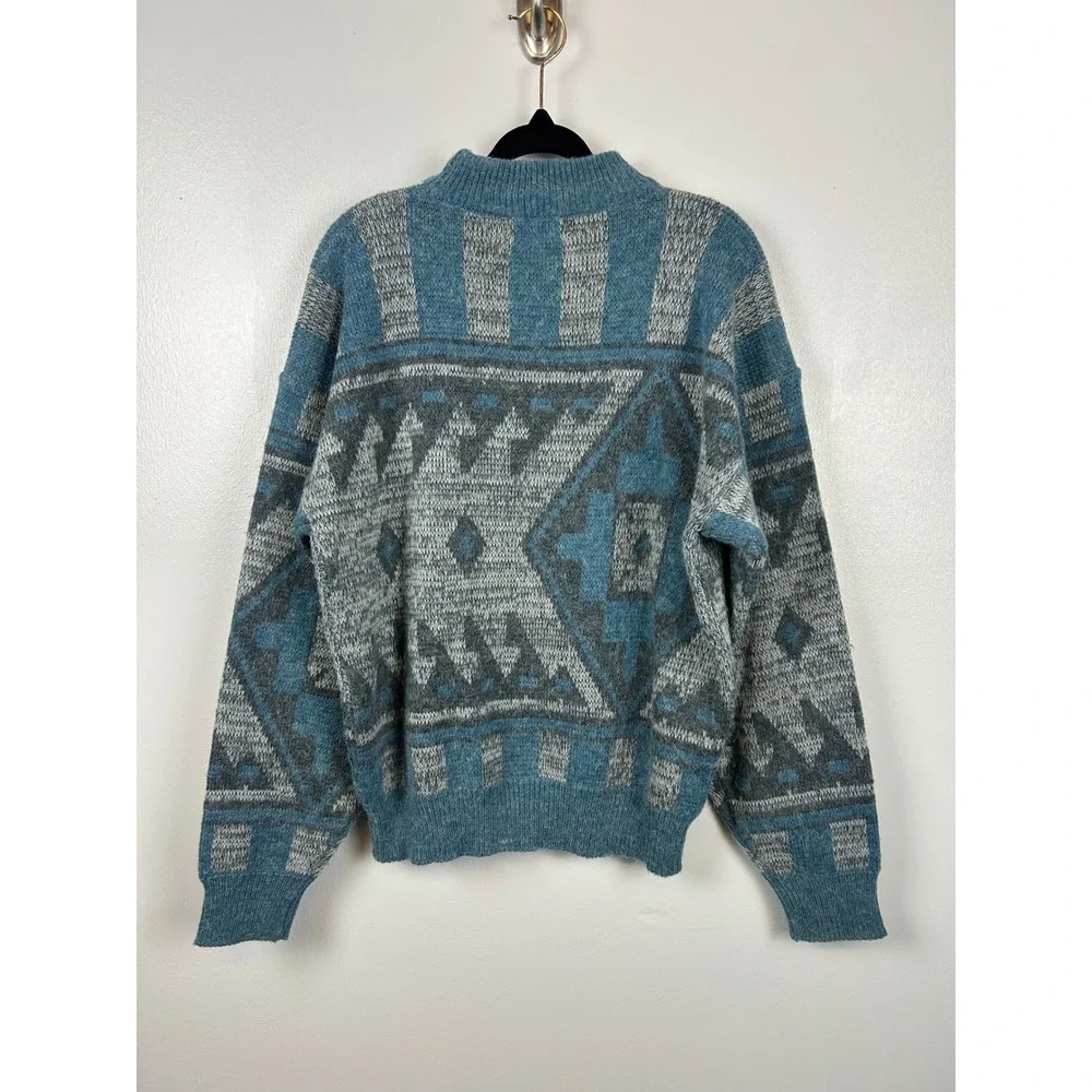 Pacific Club Mens Southwestern Mock Neck Sweater Medium Blue‎ Gray Aztec Jumper